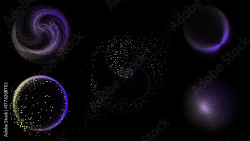 Abstract violet particle galaxy with curved motion lines on black background. Concept of data visualization, AI networks, digital communication, and generative technology design.
