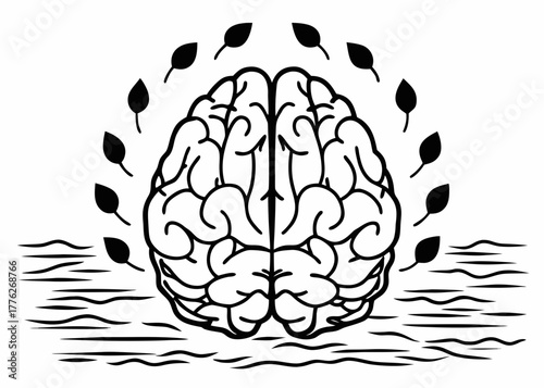 Mindful State — open brain with floating leaves or calm waves, pastel tones, Zen minimalism.