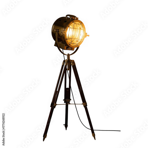 Vintage globe lamp with tripod stand casting warm light isolated on transparent background