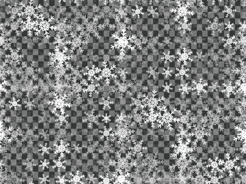 Snowflake pattern background winter season texture with falling snow isolated on transparent background. EPS vector illustration