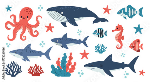 A colorful collection of cartoon marine life including sharks, a whale, and an octopus.