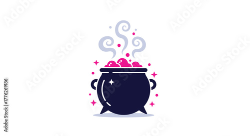 Dark purple cauldron with pink bubbling liquid and steam, surrounded by pink sparkles.