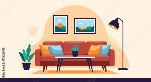 Cozy living room with a red couch, coffee table, plant, and framed art.