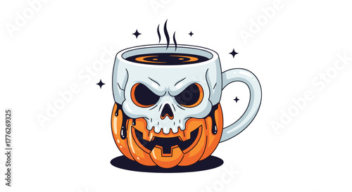 Spooky halloween mug with a pumpkin base and skull top filled with dark liquid.