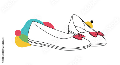 Pair of white ballet flats with red bows and colorful abstract shapes on white background.