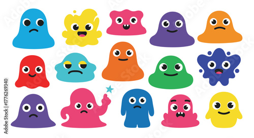 A collection of 15 colorful, cartoon-style monsters with various expressions and emotions.