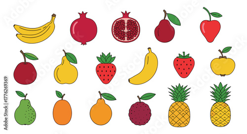 A colorful collection of cartoon fruit illustrations, featuring bananas, pomegranates, pears, apples, strawberries, and pineapples.