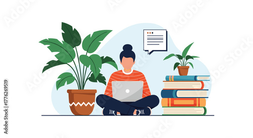 Young person sitting cross-legged with a laptop, surrounded by plants and books.