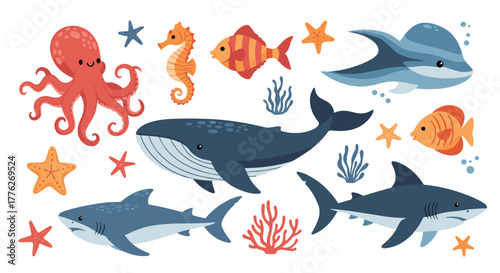 A diverse collection of colorful cartoon sea creatures and marine life adorning a white background.