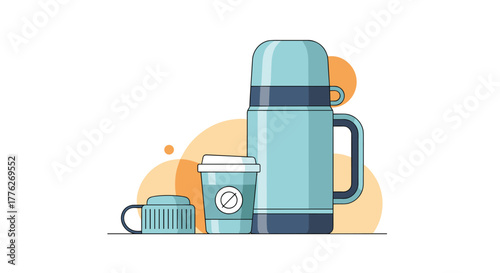 Illustration of a large thermos, a disposable coffee cup, and a smaller mug with its lid off.