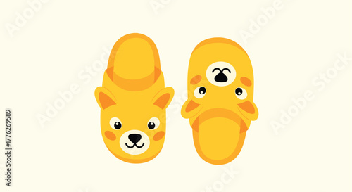Pair of cute yellow bear-shaped slippers, one facing forward, one upside down.