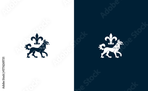 Elegant emblem a stylized wolf and fleur de lis design on contrasting backgrounds