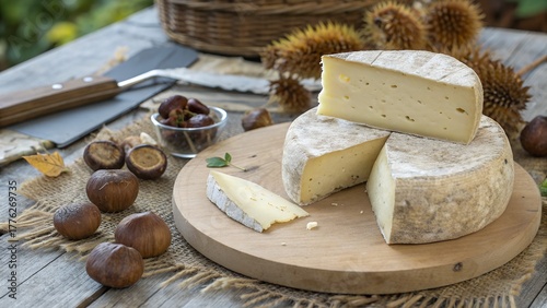 Saint Nectaire cheese semi soft wheel with earthy rind sliced neatly surrounded by chestnuts and wood textures