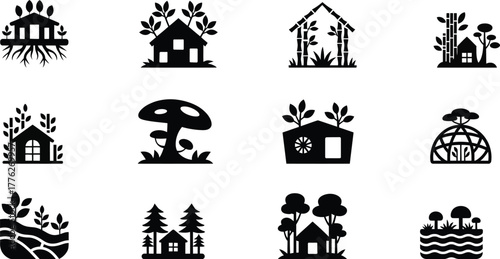 Collection of black nature house icons tree plant