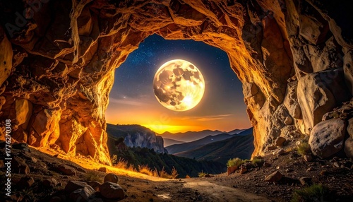 Full moon framed by cave entrance with illuminated rocky walls, mountain range, and twilight sky for editorial nature photography adventure decor and poetic majesty-themed visuals