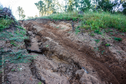 Canvas Print Rain-carved sandy slope with deep erosion gullies