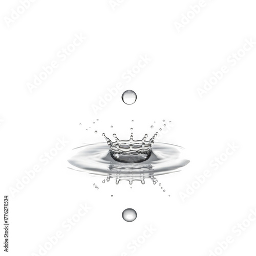 A single water droplet creating a crown splash and ripples isolated on transparent background