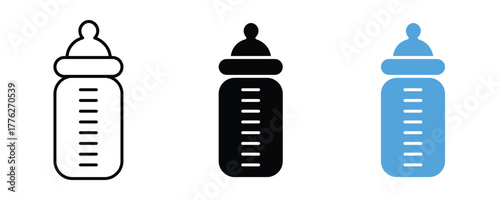 Baby bottle icon set, feeding, milk, vector on white background.