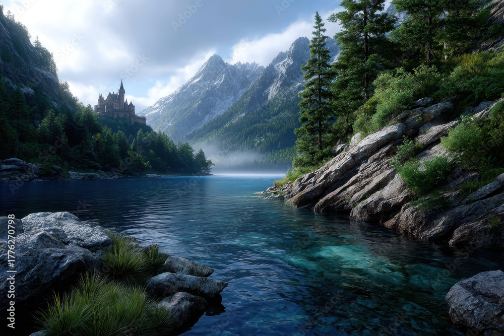 Fototapeta premium Serene lake view with mountains and castle in a tranquil landscape at sunrise