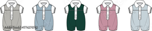 Collection of five adorable baby rompers in various colors, showcasing comfortable and stylish infant jumpsuits perfect for everyday wear and fashion design concepts