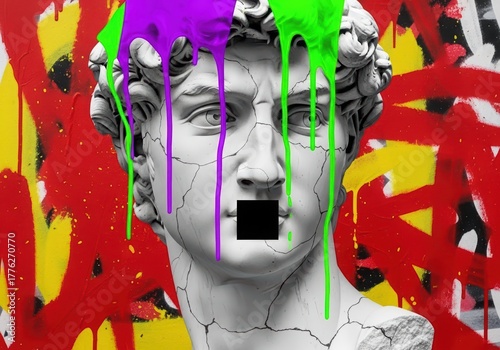Male statue with neon paint dripping on face. Modern art and street art concept. Contemporary sculpture with colorful graffiti background.