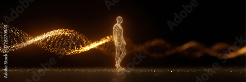 Serene human figure of spiritual light and energy, connected to golden dna helix. An abstract concept of future technology, evolution, and genetic science on dark background