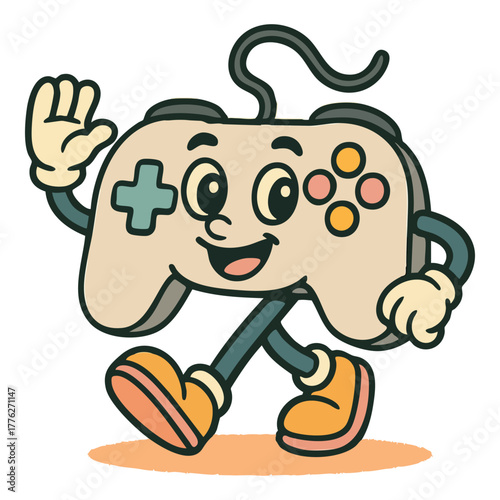 Whimsical retro video game controller character with a friendly smile and waving hand, bringing nostalgic joy and playful vibes to any project seeking vintage entertainment fun