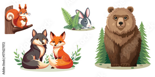 Set of five forest animals on white background: rabbit, fox, bear, wolf, and squirrel. Cute, realistic characters for childrens content and nature themes. Vector illustration in flat cartoon style