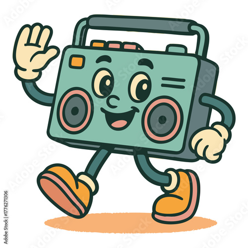 Retro boombox character with a friendly wave, bringing vintage vibes and nostalgic music fun to your creative projects with a joyful, retro aesthetic