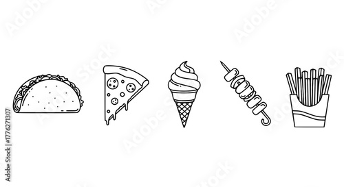 Vector icon set of popular street foods — tacos, pizza slice, kebab, ice cream, fries — clean outline style