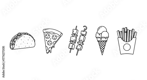 Vector icon set of popular street foods — tacos, pizza slice, kebab, ice cream, fries — clean outline style