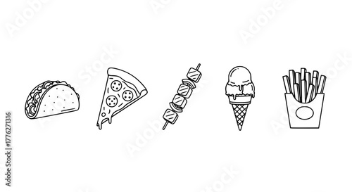 Vector icon set of popular street foods — tacos, pizza slice, kebab, ice cream, fries — clean outline style
