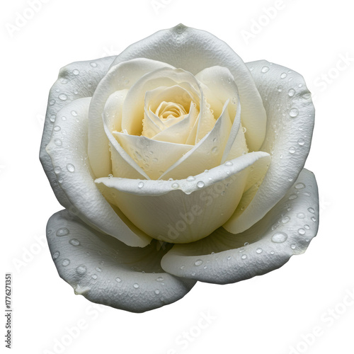 transparent rose mid-bloom, unfurling delicate petals with glistening dew droplets, velvety texture, translucent edges, extreme macro shot against transparent. Concept of botanical purity and