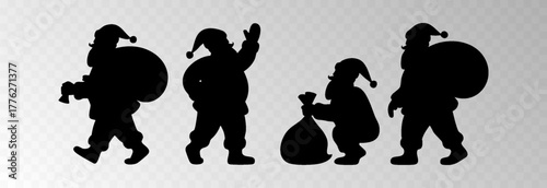 Santa Claus png with a big gift sack walking in snowy forest surrounded by Christmas trees, isolated on transparent background, space for holiday sale text, luxury New Year card vector