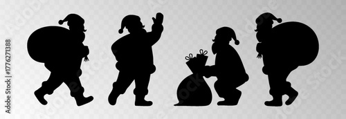 Santa Claus png with a big gift sack walking in snowy forest surrounded by Christmas trees, isolated on transparent background, space for holiday sale text, luxury New Year card vector