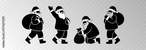 Santa Claus png with a big gift sack walking in snowy forest surrounded by Christmas trees, isolated on transparent background, space for holiday sale text, luxury New Year card vector