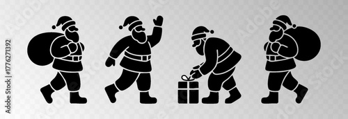 Santa Claus png with a big gift sack walking in snowy forest surrounded by Christmas trees, isolated on transparent background, space for holiday sale text, luxury New Year card vector