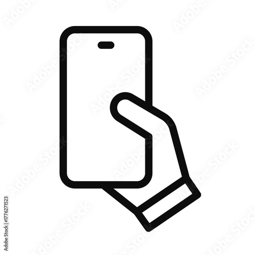 Vector line icon of a hand using a smartphone. Simple and clean outline design, suitable for mobile, communication, app, and technology concepts
