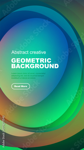 Abstract geometric background features vibrant color gradients. Text overlay includes sample content, button present. Modern design.