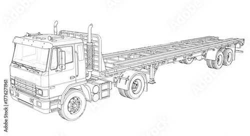 Detailed black and white line art of a semitruck with a long flatbed trailer chassis.