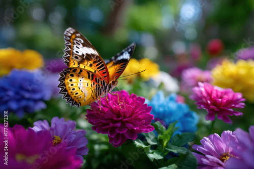 Colorful butterfly resting on vibrant flowers in a lush garden during sunny daylight