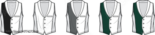 An array of formal vests with different colored sashes, showcasing stylish waistcoats for various occasions