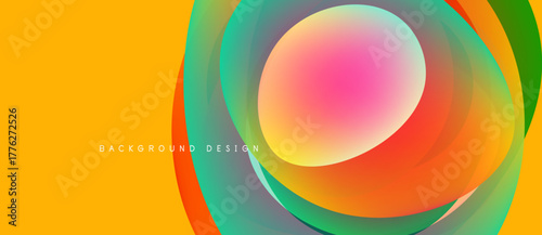 Abstract vibrant circles overlap yellow backdrop. Modern design elements create dynamic visual impact. Smooth gradients enhance composition.