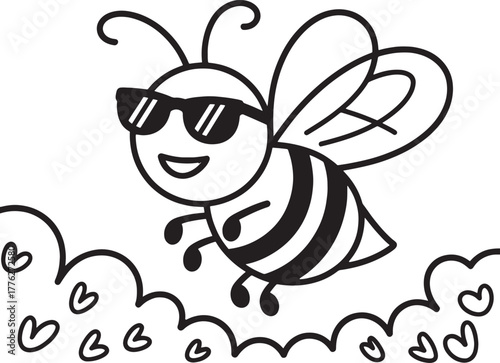Funny cartoon bee insect vector illustration flying to a flower for honey with a happy smile