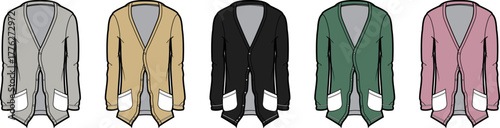 Stylish cardigan variations in diverse colors for fashion design and apparel concept presentations
