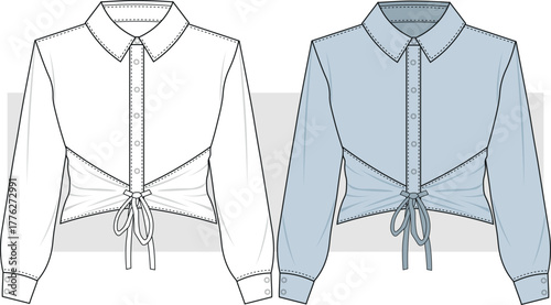 Women's striped shirt with waist crease detail fashion technical drawing, illustration. Stylish women's shirt vector. CAD, Mockup.