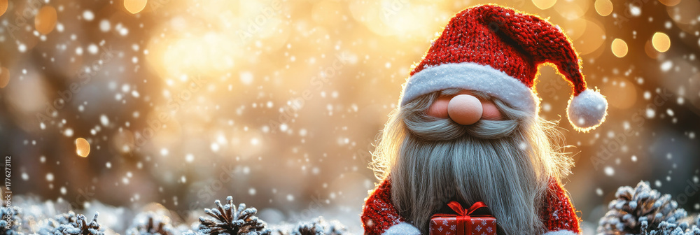 Naklejka premium funny cheerful a Santa gnome ang gift with a very long beard and a hat pulled down to cover his eyes,playful pose isolated on christmas background bokeh, space for text