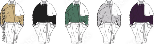 Fashion design sketches of unisex outerwear in various colorways and styles