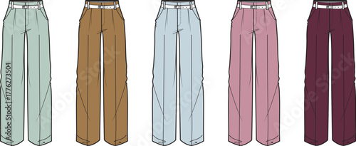 Collection of stylish women's trousers in various muted colors, showcasing elegant pleated designs for a modern wardrobe