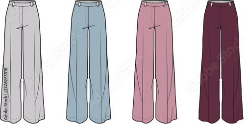 Vector illustration set showcasing women's fashionable wide-leg palazzo trousers in various appealing colors, perfect for apparel design, fashion flats, and technical drawing concepts